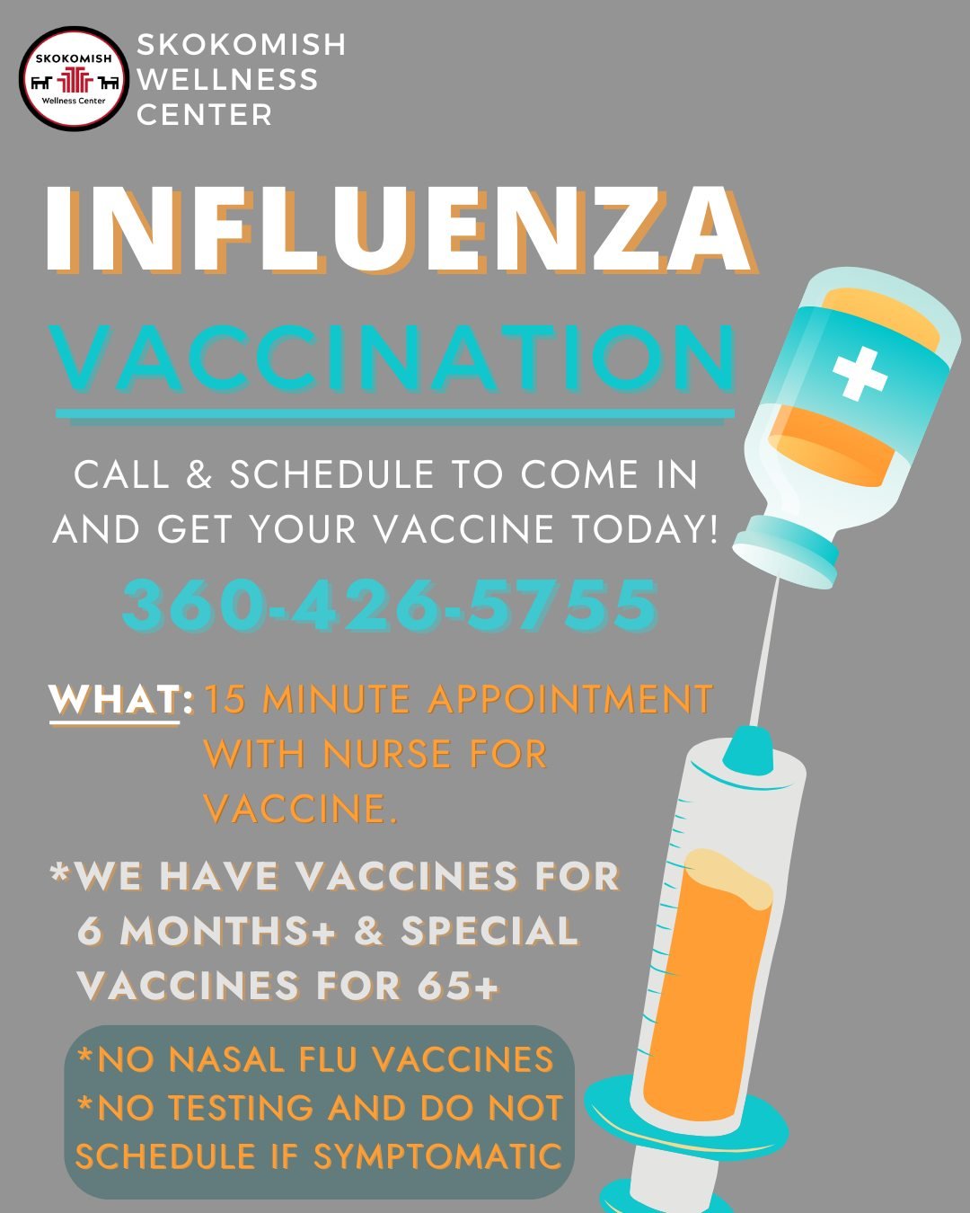 🩺💉 Flu Season Is Here. Protect
Yourself &amp; Your Community! 💙
The Skokomish Wellness Center is offering influenza
vaccinations; quick, easy, and effective. Getting your
flu shot helps keep you, your family, and our community
healthy this season.