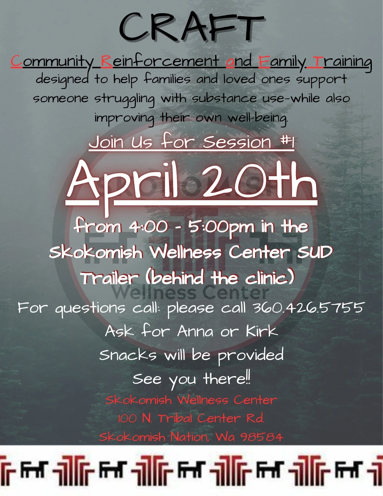 🌿 CRAFT: Community Reinforcement and Family Training 🌿
Supporting a loved one through substance use can be overwhelming, but you don&rsquo;t have to navigate it alone.
CRAFT is an 8‑week program designed to empower Skokomish families and loved ones