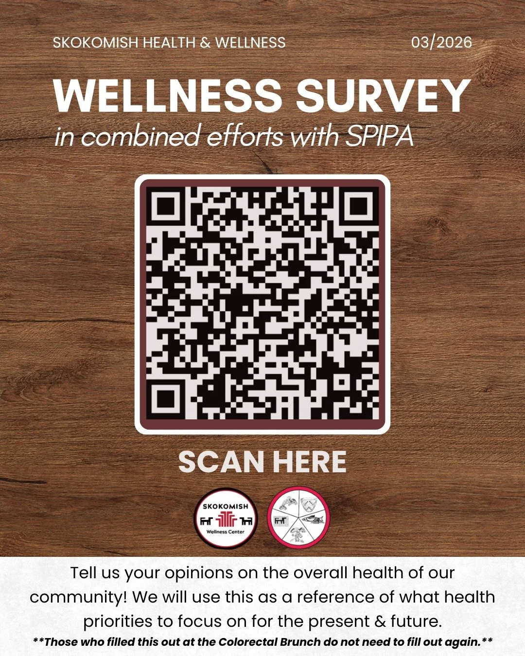 Your voice matters 🗣💬
Skokomish Health &amp; Wellness is partnering with SPIPA to better understand the needs of our community. Take a few minutes to complete our Wellness Survey and help guide future health priorities for our people.

Scan the QR 