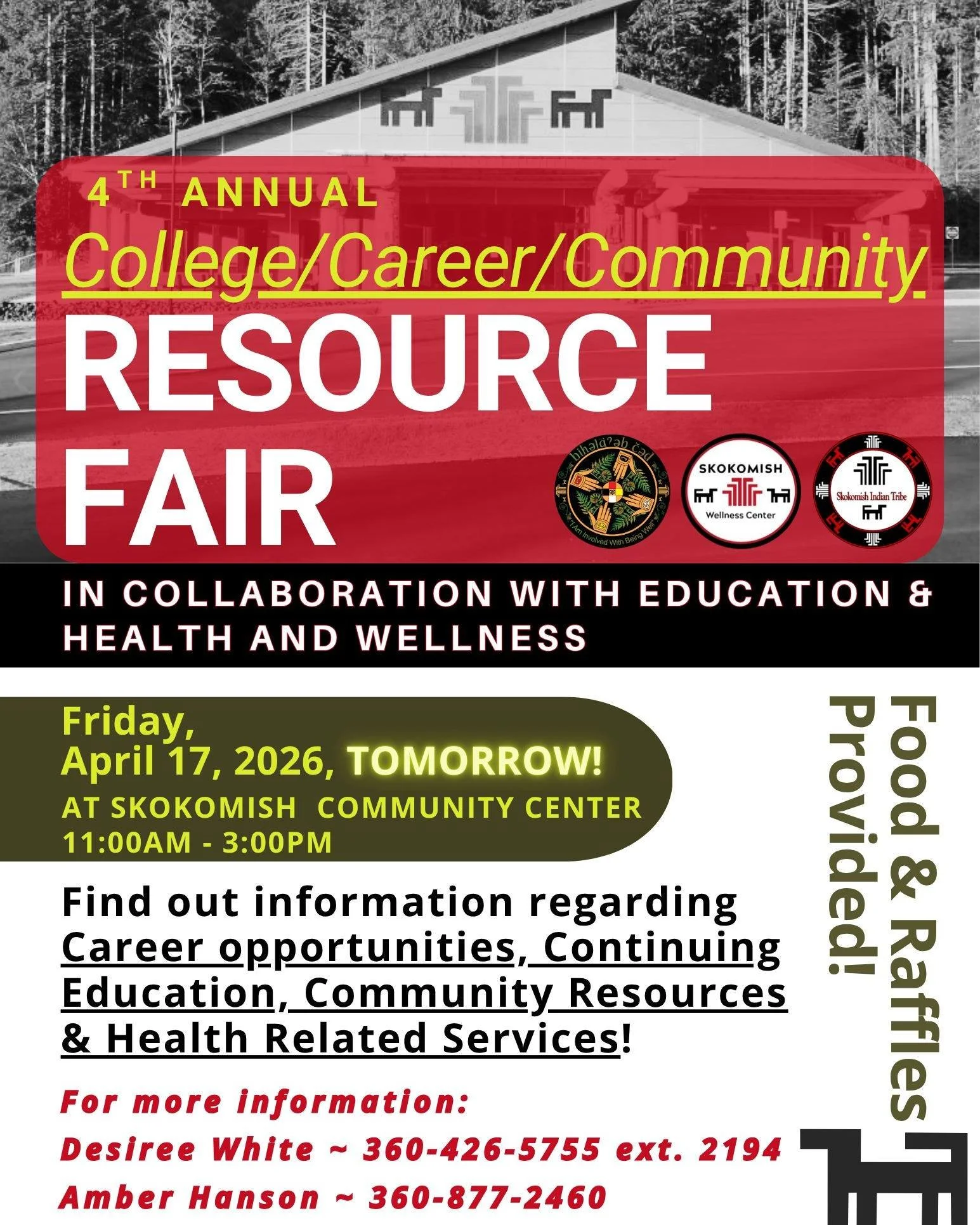 🤝Join us for the 4th Annual College/Career/Community Resource Fair on Friday, April 17, 2026 from 11:00 AM&ndash;3:00 PM at the Skokomish Community Center!

Come explore opportunities for careers, continuing education, community resources, and healt