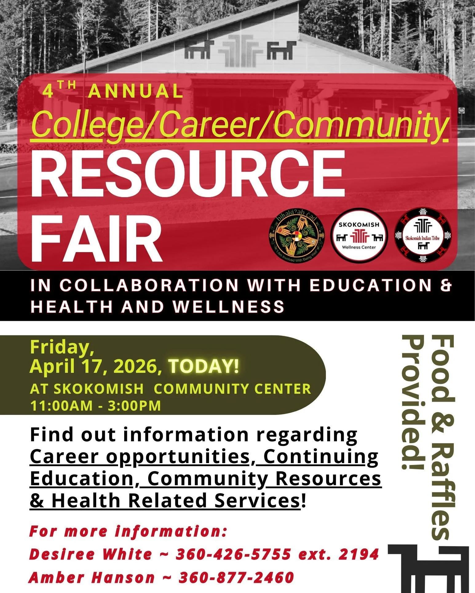 🤝Join us for the 4th Annual College/Career/Community Resource Fair TODAY, April 17, 2026 from 11:00 AM&ndash;3:00 PM at the Skokomish Community Center!

Come explore opportunities for careers, continuing education, community resources, and health-re