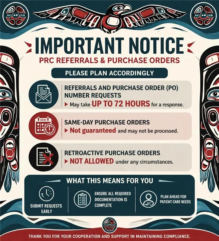 📣Important update for our patients and partners 📣
To help us provide the best care possible, please plan ahead when submitting PRC referrals and purchase order requests. Some requests may take up to 72 hours, and same-day processing is not guarante