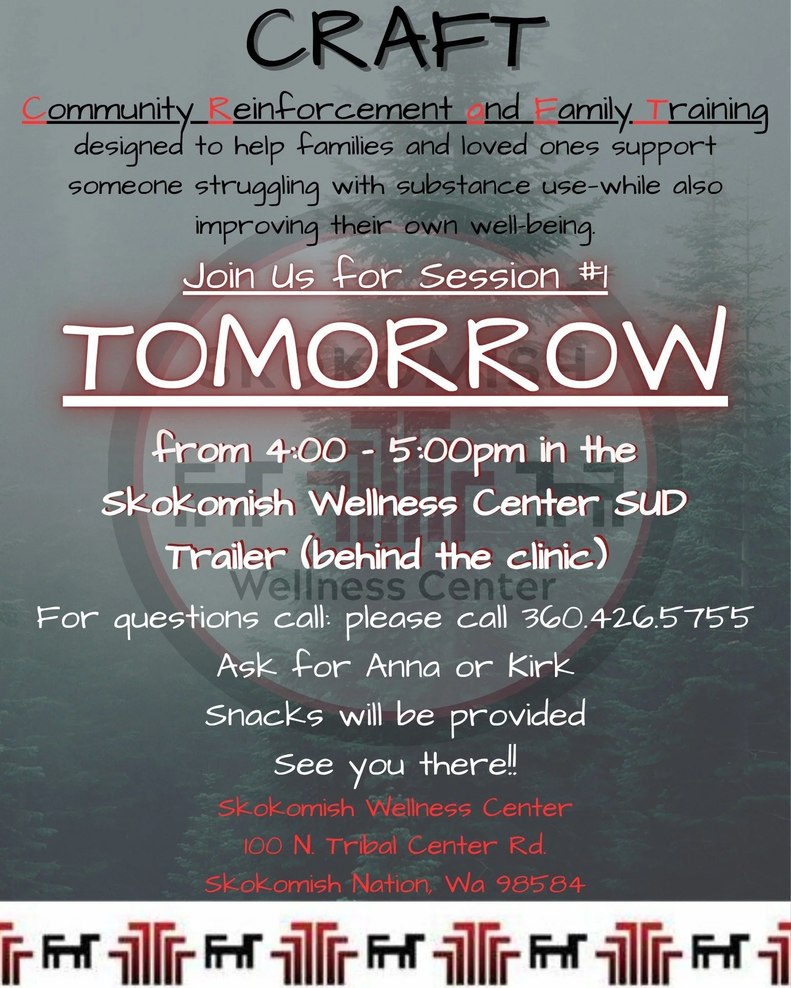 🌿 CRAFT: Community Reinforcement and Family Training 🌿
Supporting a loved one through substance use can be overwhelming, but you don&rsquo;t have to navigate it alone.
CRAFT is an 8‑week program designed to empower Skokomish families and loved ones