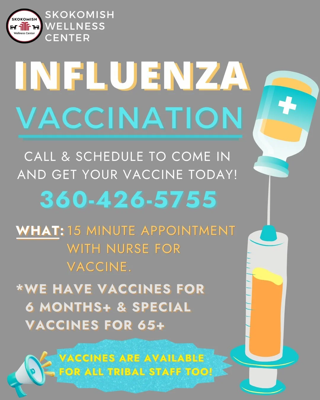 🩺💉 Flu Season Is Here. Protect Yourself &amp; Your Community! 💙
The Skokomish Wellness Center is offering influenza vaccinations; quick, easy, and effective. Getting your flu shot helps keep you, your family, and our community
healthy this season.
