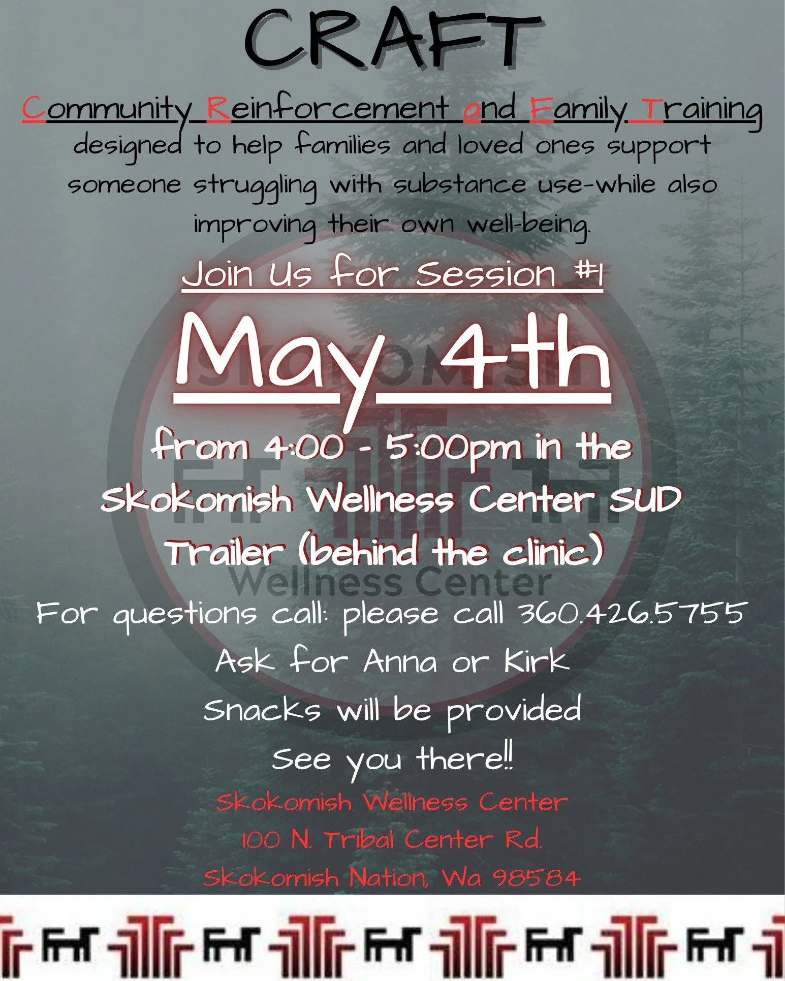 🌿 CRAFT: Community Reinforcement and Family Training 🌿
Supporting a loved one through substance use can be overwhelming, but you don&rsquo;t have to navigate it alone.
CRAFT is an 8‑week program designed to empower Skokomish families and loved ones