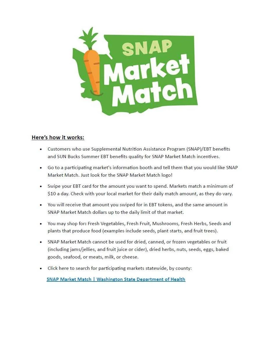 🥕 Stretch your food benefits further with SNAP Market Match &amp; SNAP Produce Match! 🍎
Use your SNAP/EBT or SUN Bucks benefits at participating farmers markets and grocery stores to earn FREE fruits and vegetables for your family. 💚
✔️ Double you