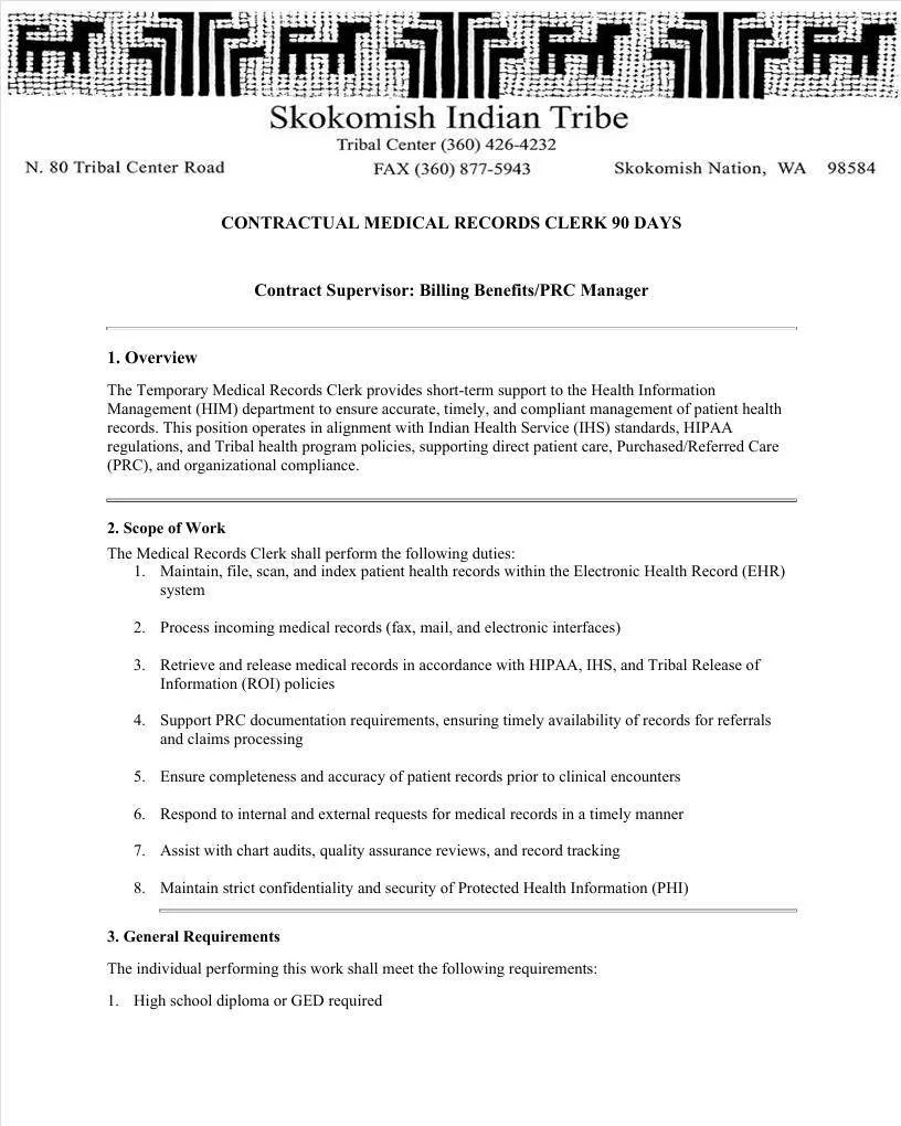 📣 NOW HIRING: Contractual Medical Records Clerk - 90 Days 📣
The Skokomish Indian Tribe Health Clinic is seeking a dependable, detail-oriented individual to join our Health Information Management team as a Contractual Medical Records Clerk. This rol