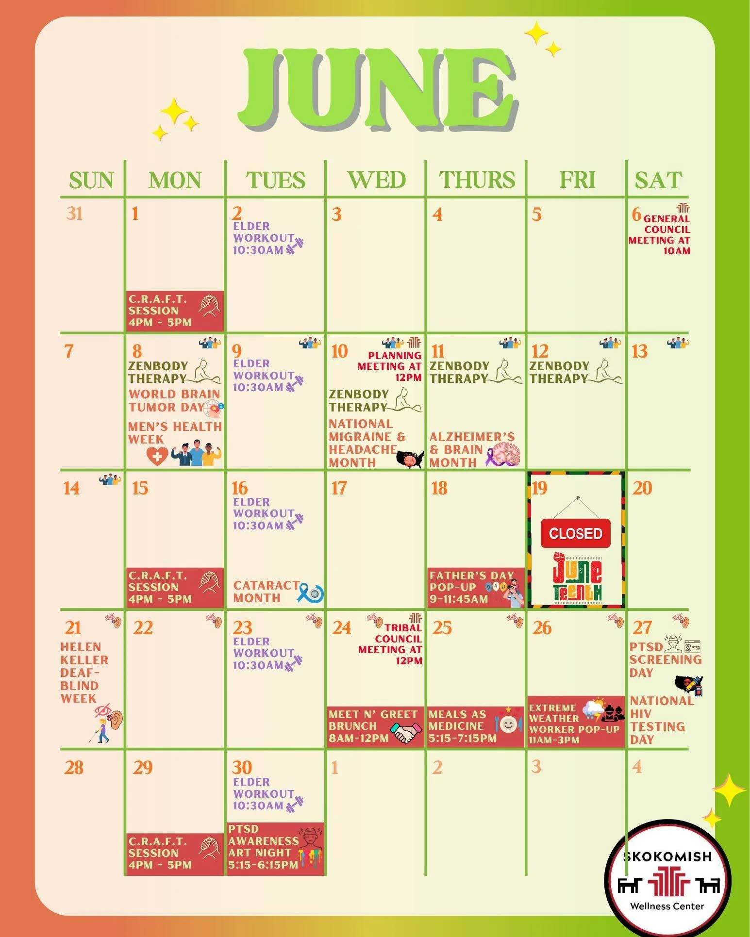 📅 Hello June! 🌅😎🍉
A new month means new opportunities to care for your mind, body, and community. From wellness events and awareness days to important closures and clinic updates, our June calendar is here to keep you in the loop!
✨ Take a moment