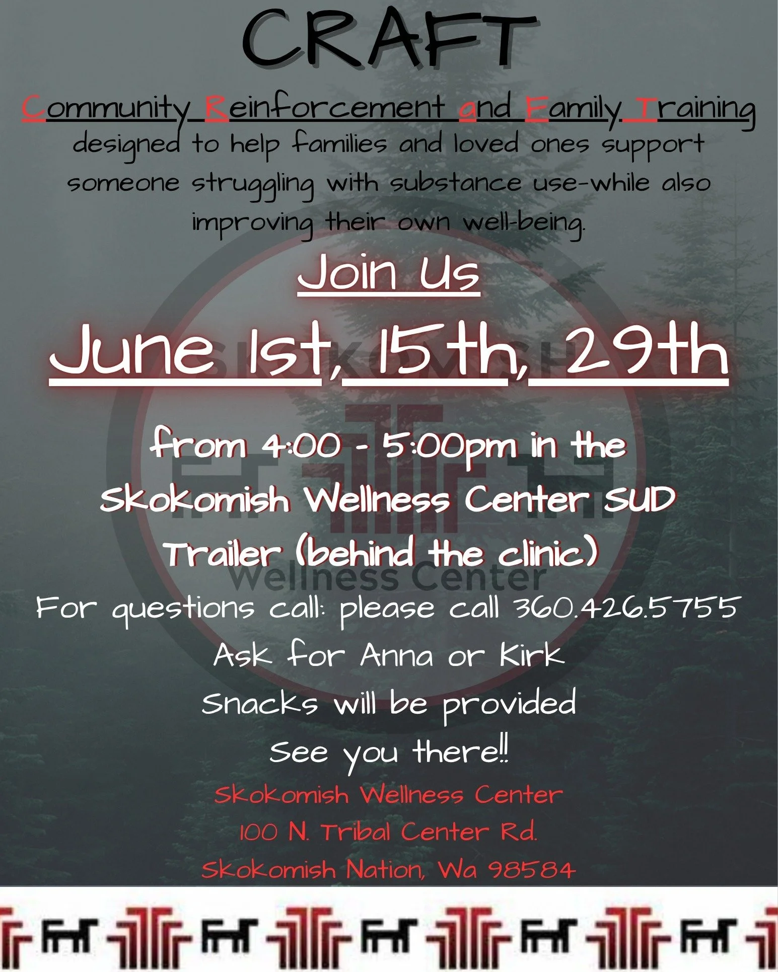 🌿 CRAFT: Community Reinforcement and Family Training 🌿
Supporting a loved one through substance use can be overwhelming, but you don&rsquo;t have to navigate it alone.
CRAFT is an 8‑week program designed to empower Skokomish families and loved ones