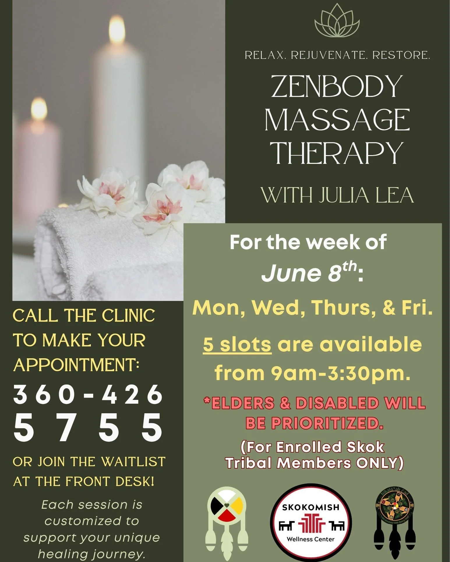 ✨💆🏽&zwj;♀️Get your spot for relaxing, rejuvenating, restorative Zenbody Theraputic Massages with Julia Lea! Each session is customized to support your personal healing journey. Julia will be at the Clinic and available for appointments next week, J