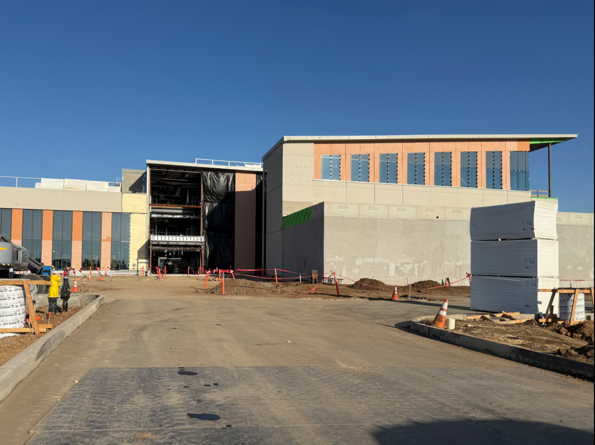 Under construction building with construction materials, equipment, and dirt in the foreground under a clear blue sky.
