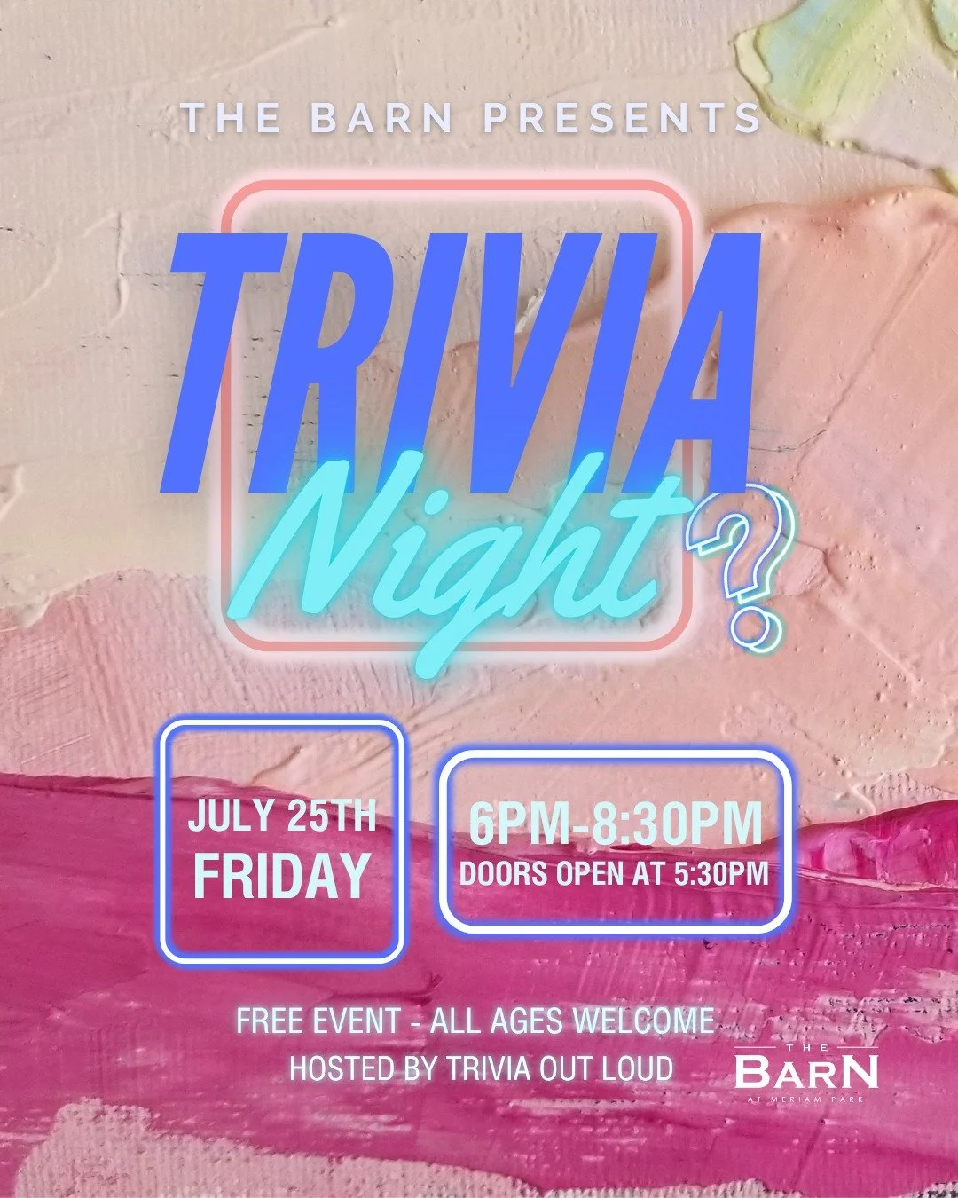 Get your teams ready for an all ages Trivia Night at The Barn, Friday, July 25th! 💡

Bonus: Skip the kitchen stress and grab Tio&rsquo;s Pizza from the Tap Trailer or order right from your table! 🍕

#meriampark #trivianight #allages #familyfriendly
