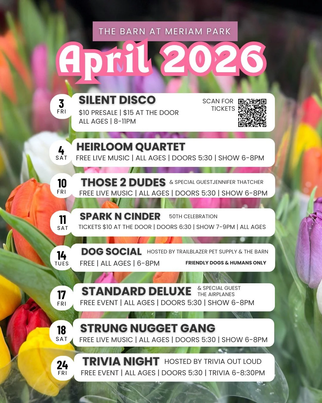 April is looking real good at The Barn 🌻 Music, events, sunshine, and yes&hellip; The Dog Social is BACK 🐾

Comment and tell us below which event you're looking forward too 👏🏼

#meriampark #chicoca #familyfriendly #freelivemusic #thebarnmeriampar