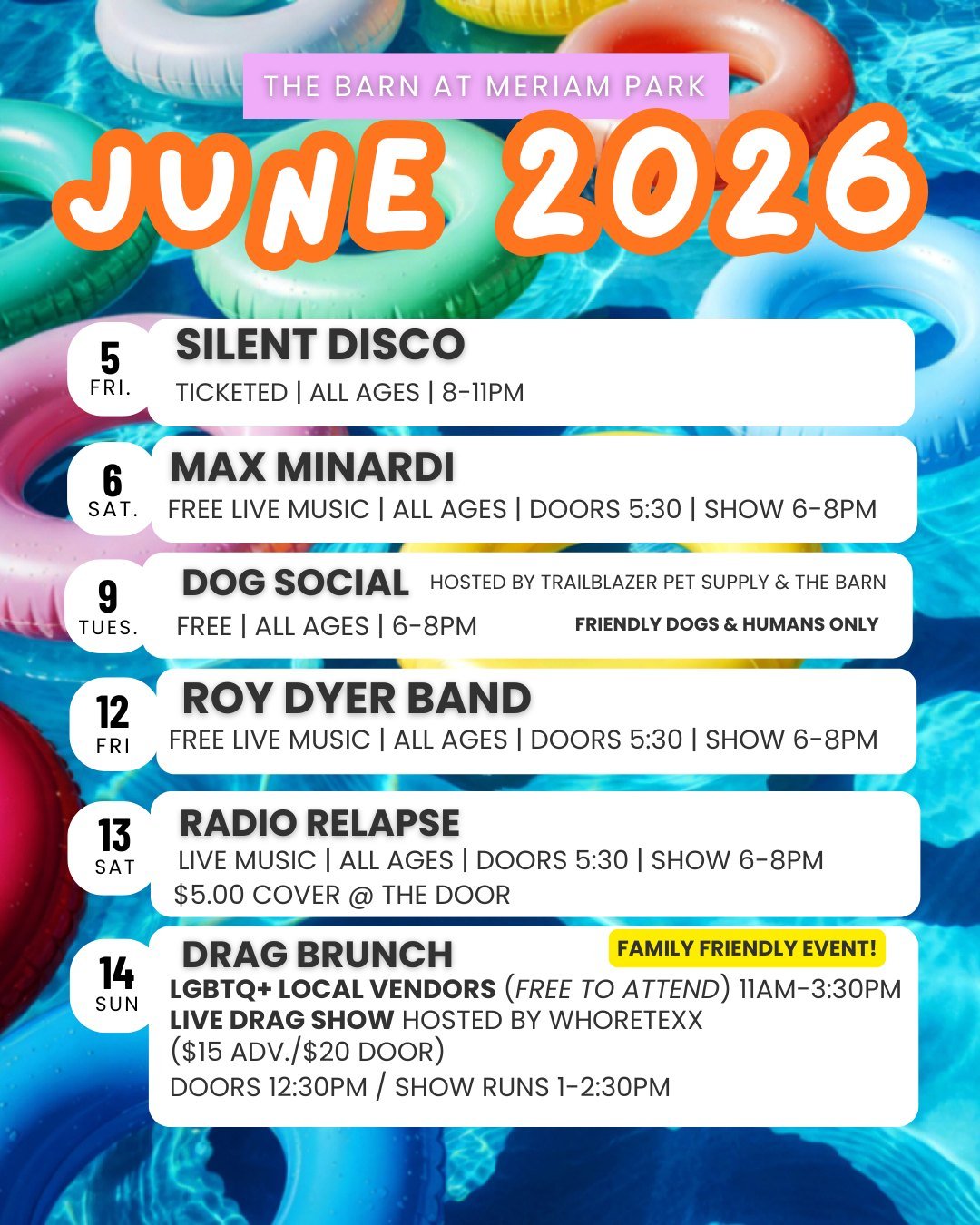 Kicking summer into high gear over here at the Barn ☀️🎶 This month&rsquo;s lineup is packed with free live music, family-friendly drag brunch and so much more. Grab your friends, bring the family, and come make some summer memories with us 💛

What 