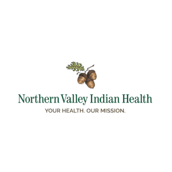 Logo for Northern Valley Indian Health featuring a cluster of acorns and a green leaf, with the slogan 'Your health. Our mission.'