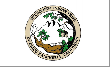 Seal of the Mechoopda Indian Tribe of Chico Rancheria, California, featuring mountains, trees, and a water vessel.
