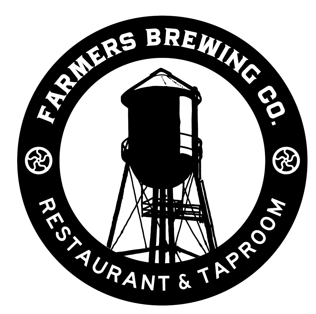 Logo for Farmers Brewing Co. featuring a water tower in the center, surrounded by a circular band with the company name and the words 'Restaurant & Taproom'.