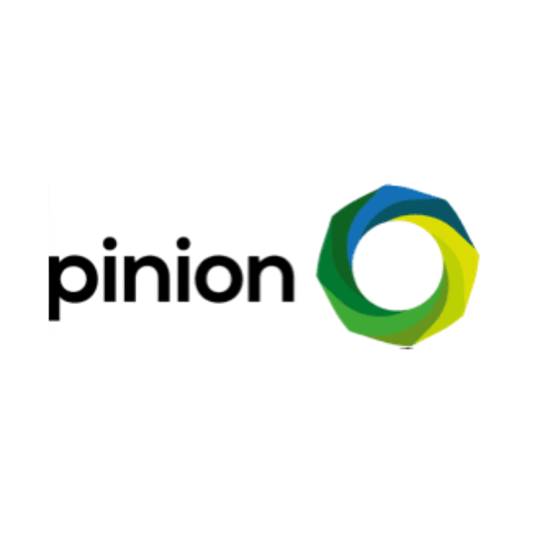 The image shows the word 'pinion' in black lowercase letters next to a multicolored circular logo with shades of green, blue, and yellow.