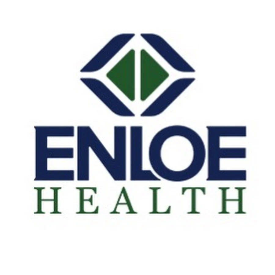 Logo of Enloe Health featuring a geometric symbol in green and blue above the name 'Enloe Health' in green and blue text.