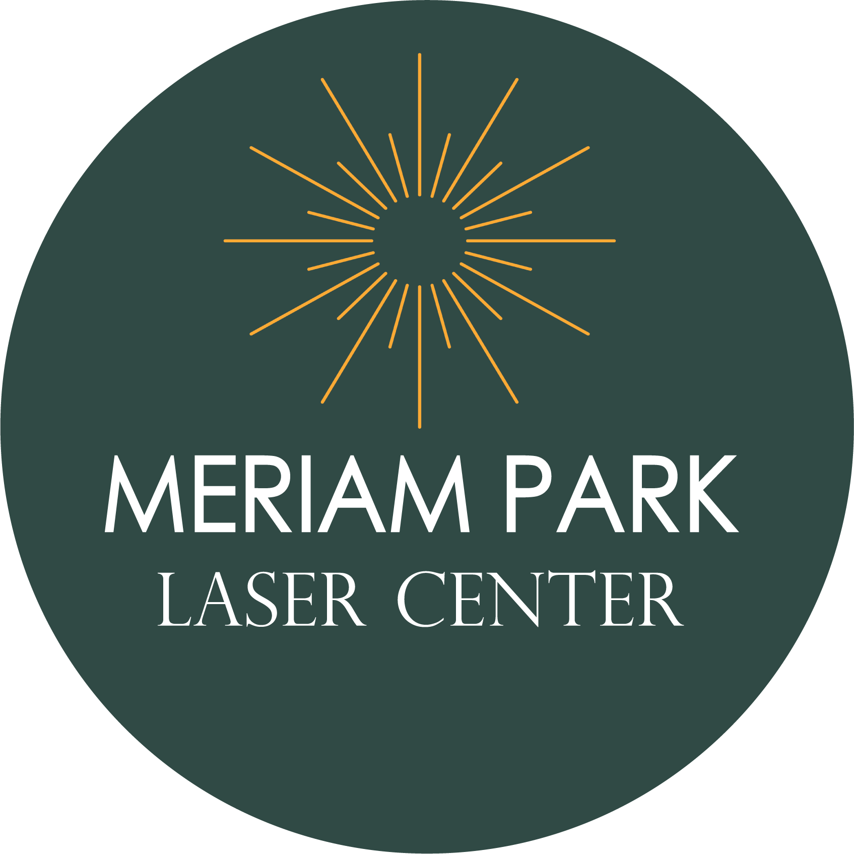 Logo for Meriam Park Laser Center featuring an orange starburst and white text on a dark green background.