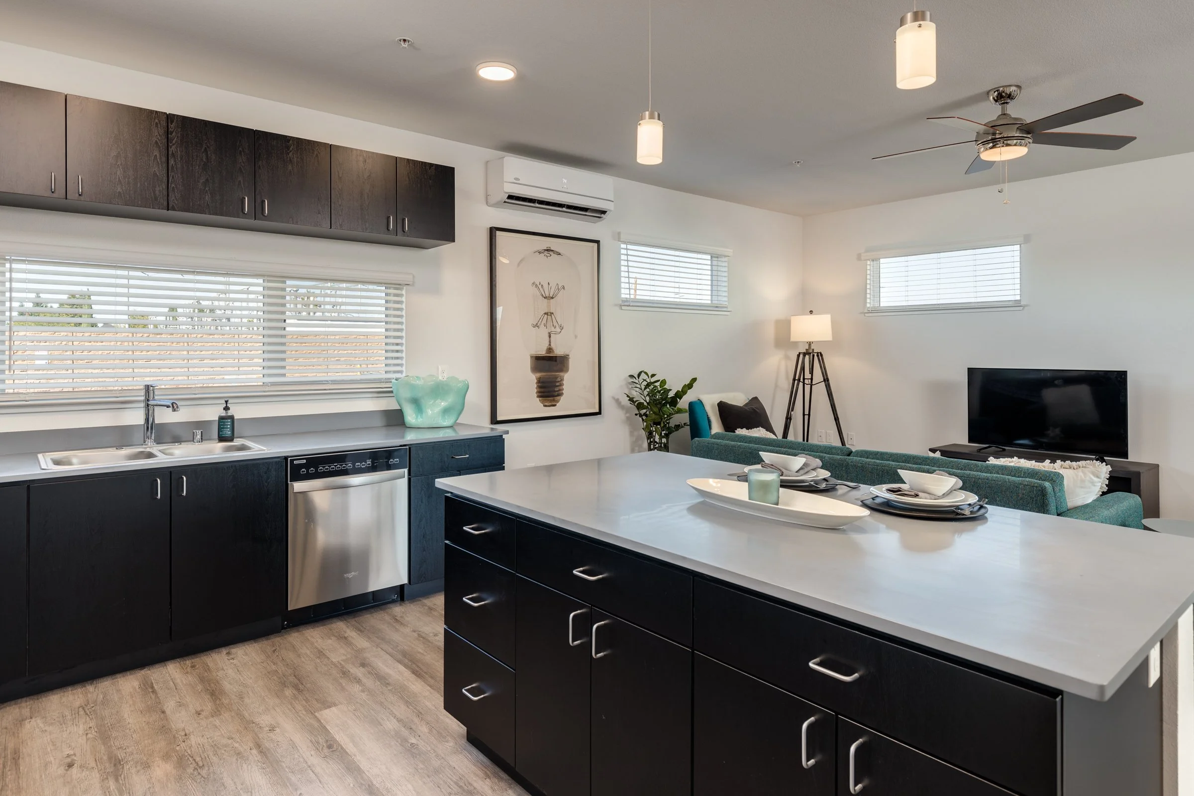 Modern kitchen with black cabinets, stainless steel dishwasher, and white countertop island, open to a living area with a TV, sofa, and floor lamp, windows with blinds, ceiling fan, and decor.