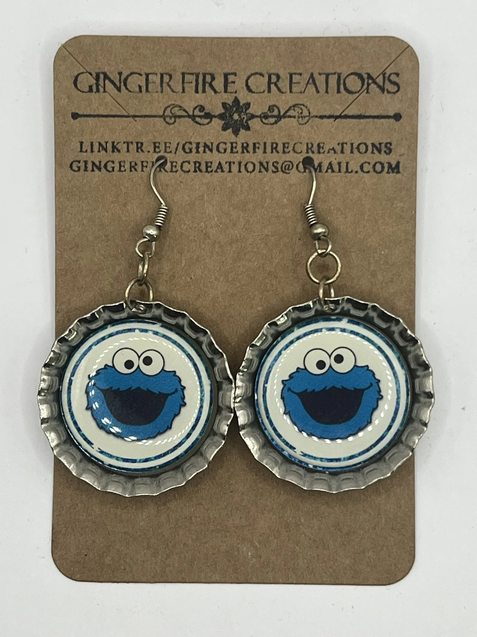 Blue Monster Bottle Cap Earrings