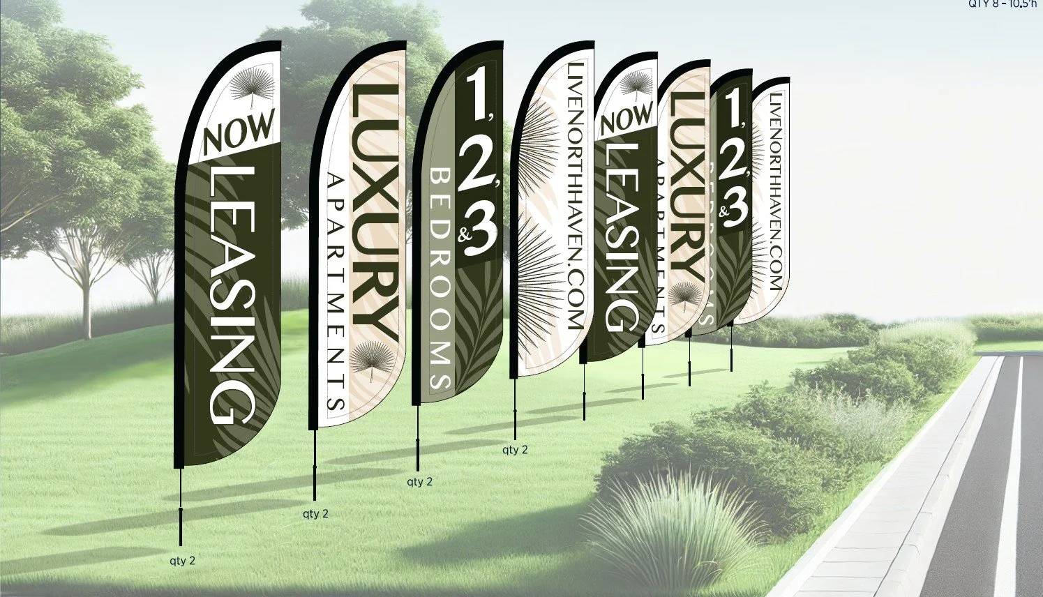 A series of vertical informational signs for residential lots along a sidewalk, with trees and grass in the background. The signs display the lot numbers, pricing information, and the website livennorthaven.com.