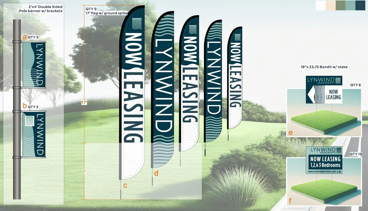 A display of various outdoor advertising banners and flags for Lynwind Apartments, including pole banners, feather flags, and bandit signs, with dimensions and quantities labeled.