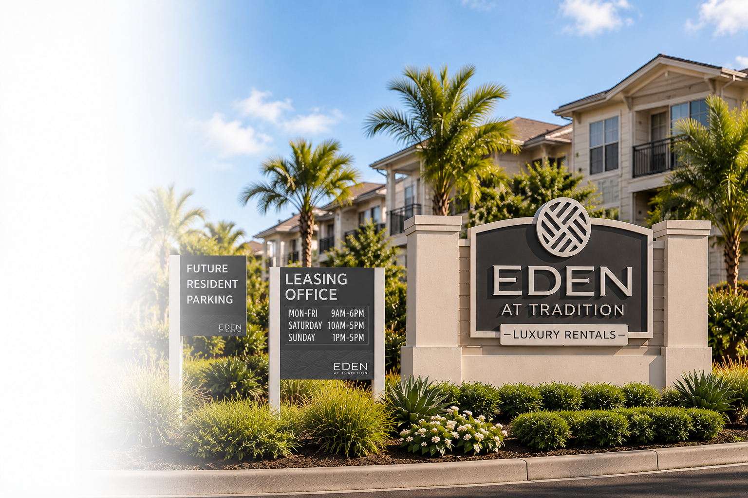 Signage and landscaping in front of Eden at Tradition, a luxury rental community, with palm trees and multi-story apartments.