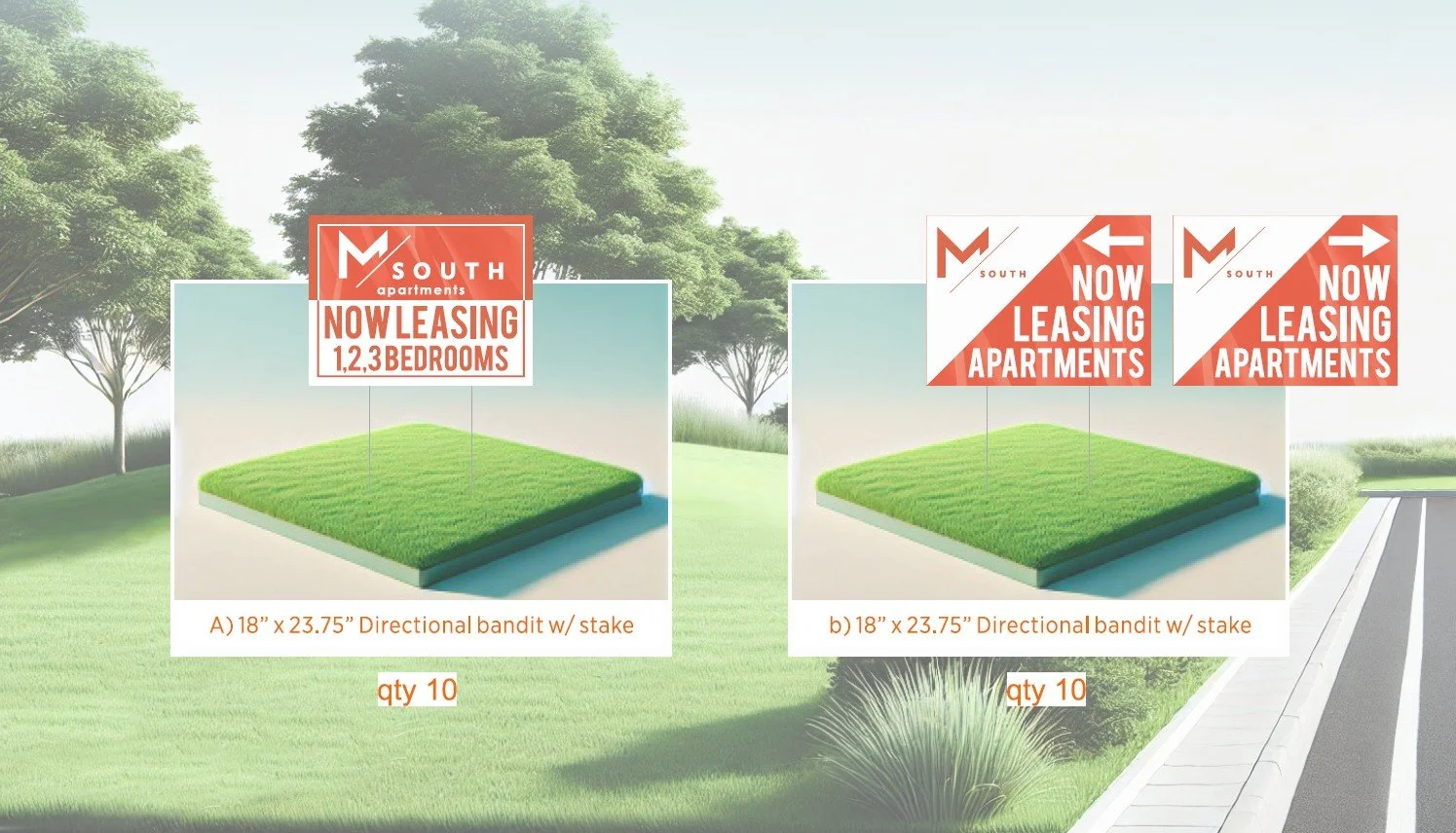 Two advertising signs for apartment leasing, each showing 18 x 23.75-inch directional banners with stakes, placed on green grassy ground with trees and a sidewalk nearby.