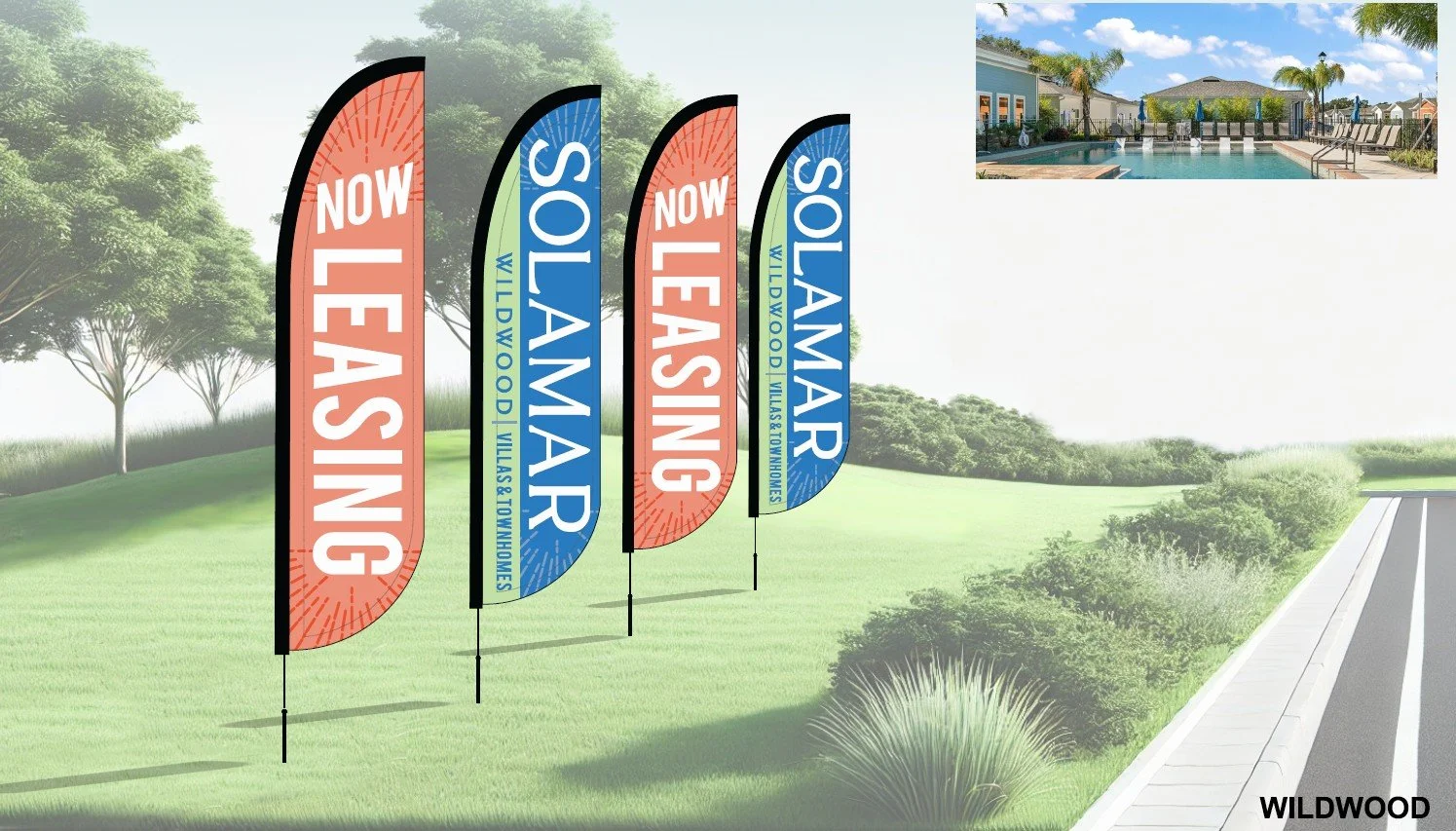 Signage with flags stating 'Now Leasing' and 'Sale' at Wildwood Townhomes and Villas, with a pool and residential area in the background.