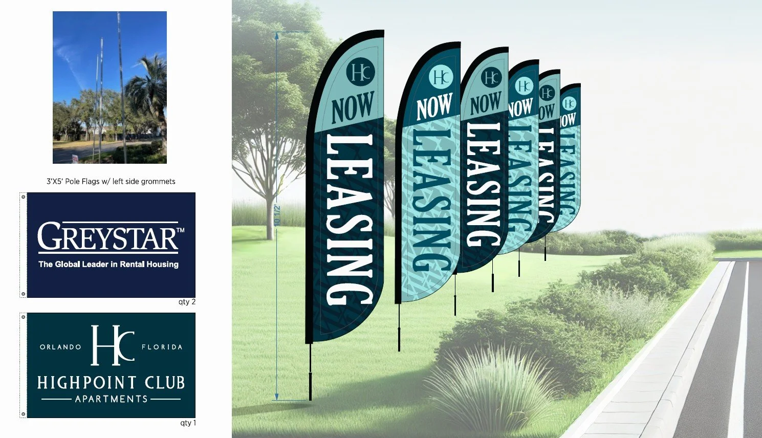 Set of five blue and black teardrop-shaped flags with the words "NOW LEASING" on them, positioned along a sidewalk, with a background of green trees and grass. Additional images include a 3x5 pole flag with left side grommets, a rectangular sign for 
