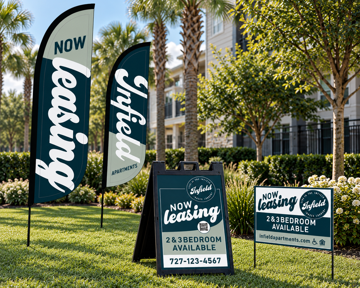 Several signs and banners advertising apartment leasing in a landscaped outdoor area with trees and a building in the background, indicating available 2 and 3 bedroom apartments and including contact information.