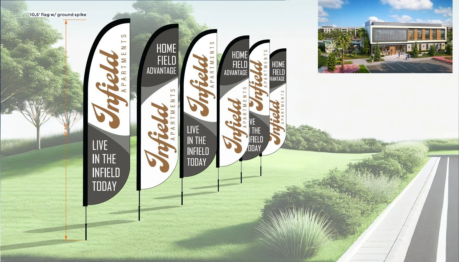 A row of vertical flags advertising Myfield Apartments with the slogan "Live in the Infield Today" on a grassy area, and an inset image of the apartment building's exterior with parking lot and landscaping.