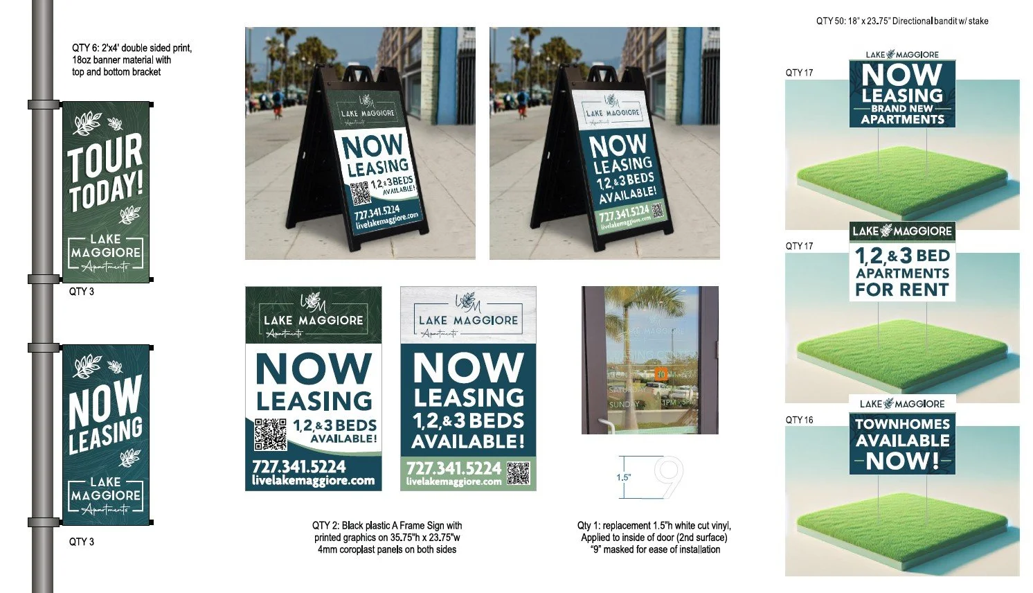 Design and layout of various signage and advertisements for Lake Maggiore Apartments, including banners, A-frame signs, window graphics, and a vinyl replacement panel for a door, showcasing leasing information and available townhomes.