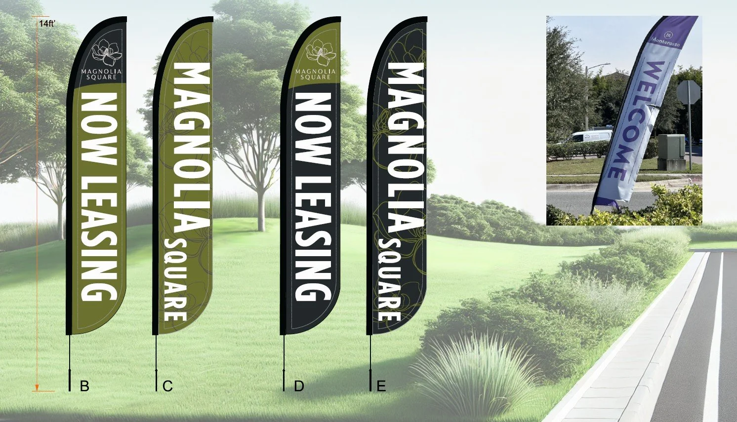 Four promotional flags lining a grassy area, each with the phrase 'Now Leasing' and 'Magnolia Square' in different colors and styles, with trees in the background and a smaller photo inset showing a blue and gray feather flag with the word 'Welcome' 