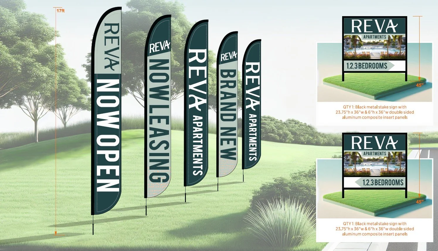 Eight landscaping signs for Reva Apartments with varying dimensions and text, set outdoors on grass with trees in the background.
