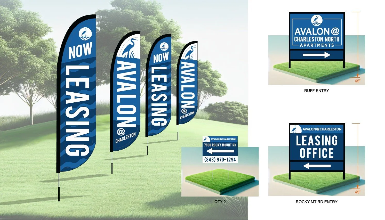 Set of four blue feather-shaped flags with white and dark blue text advertising Avalon at Charleston, peeling off to the right, behind a green lawn and trees. Two smaller signs on the ground show a directional arrow and contact information, with one 