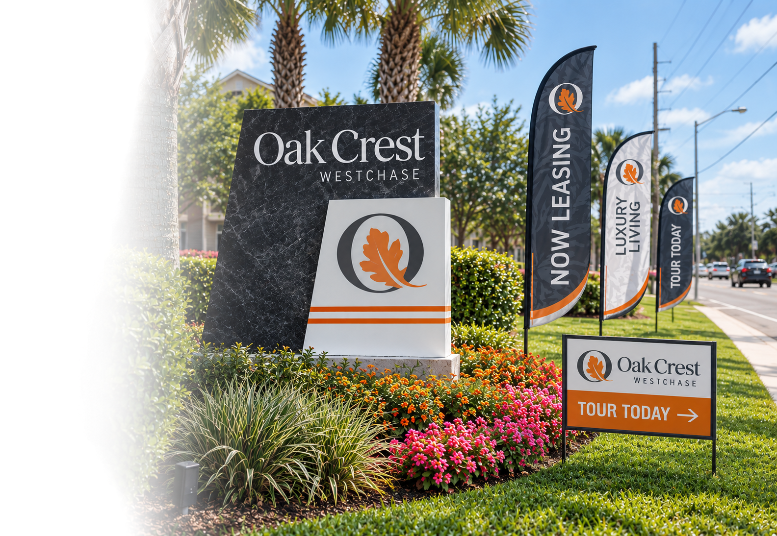 Signs and flags promote Oak Crest Westchase, with mentions of luxury living, tours available today, and new leasing options, surrounded by landscaped flowers and palm trees along a busy street.