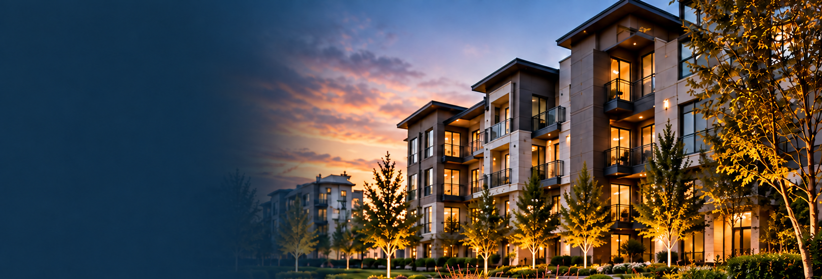 Modern apartment buildings with illuminated windows at dusk, surrounded by landscaped trees and greenery.