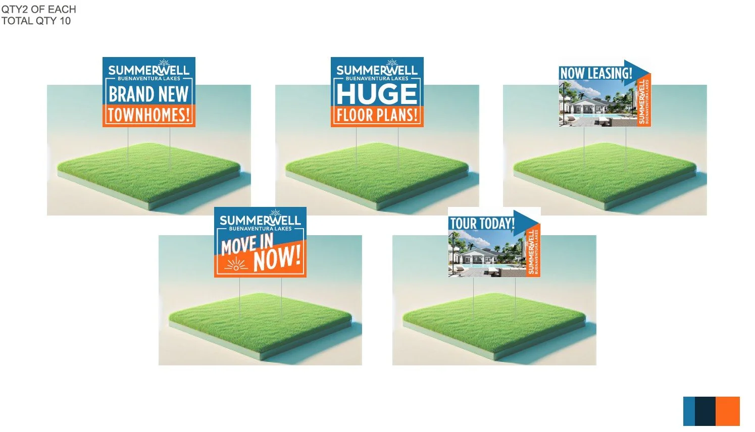 Six real estate signs promoting Summerwell in Buenaventura Lakes, each with different messages: "Brand New Townhomes!", "Huge Floor Plans!", "Now Leasing!", "Move In Now!", "Tour Today!", and an image of a house. The signs are placed on separate gree