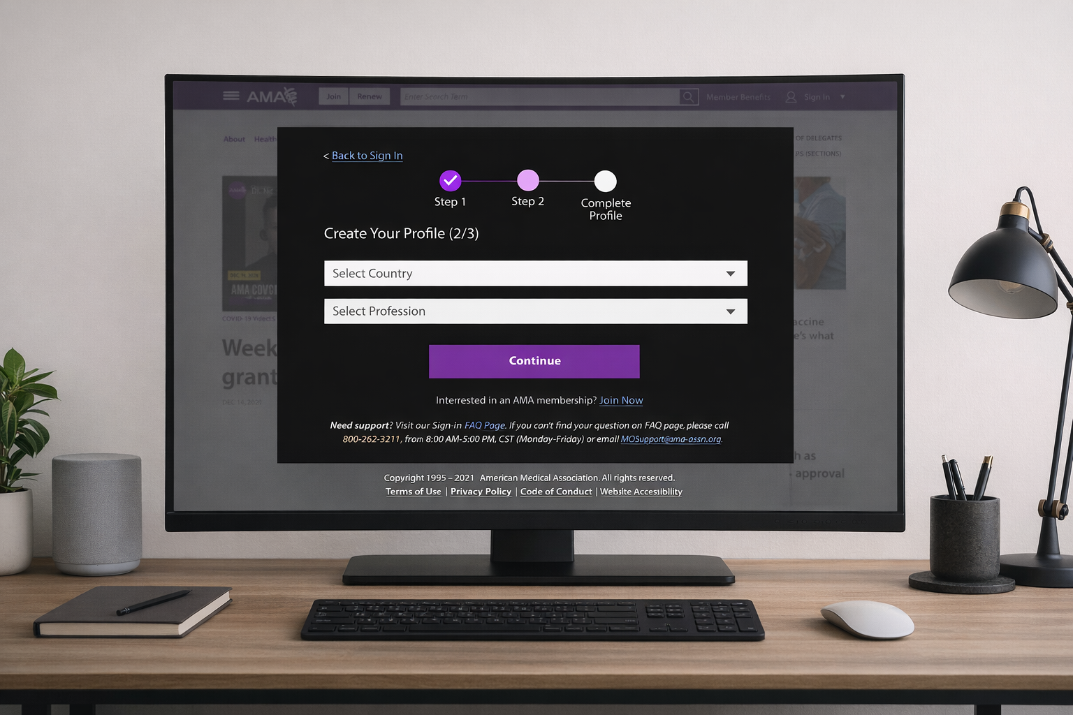 Desktop monitor displaying the Single Sign-On profile setup step 2, showing country and profession selection during account onboarding.