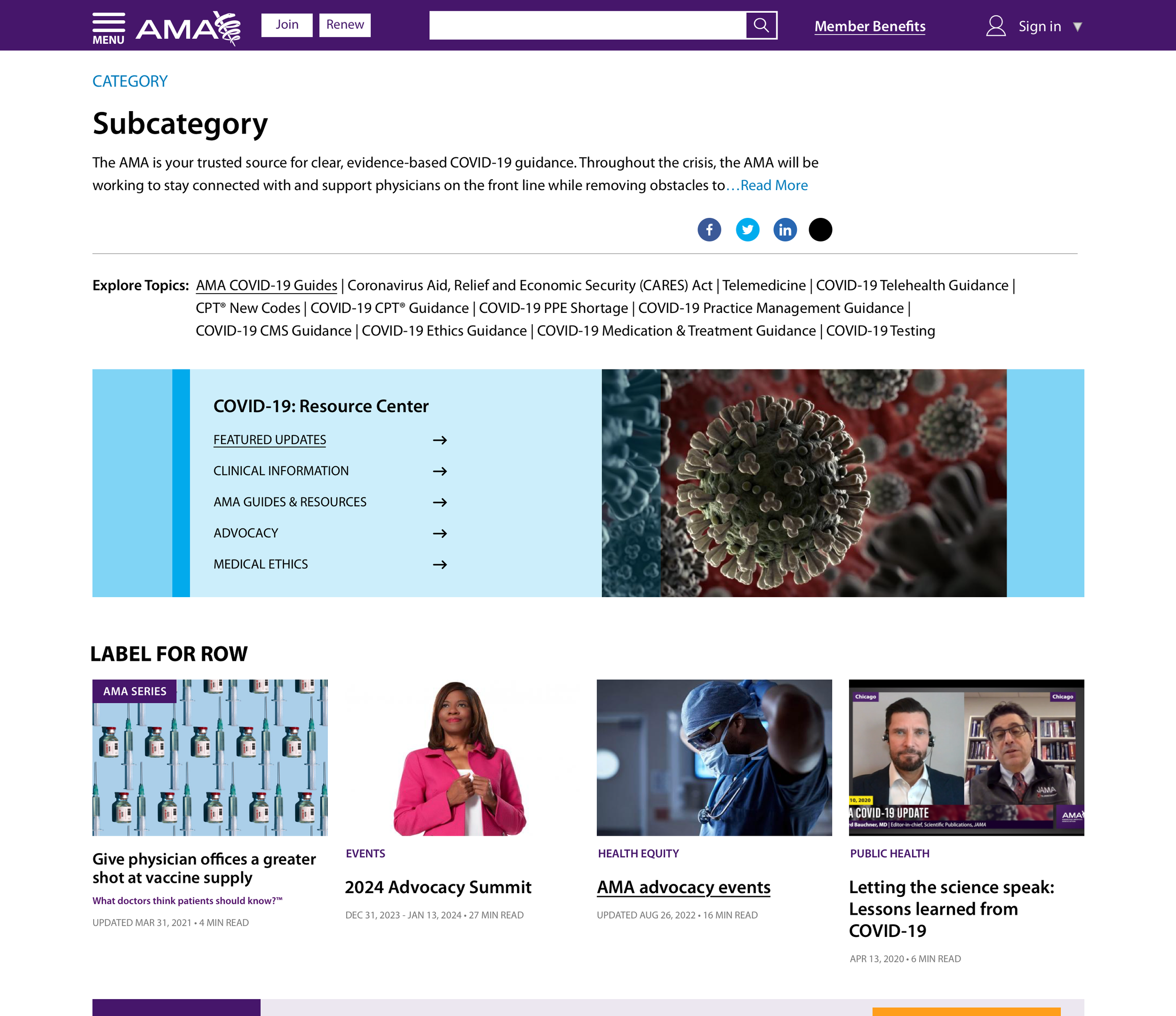 Enterprise subcategory page organizing COVID-19 guidance through faceted topics, featured pathways, and prioritized content aligned to specific user intent.
