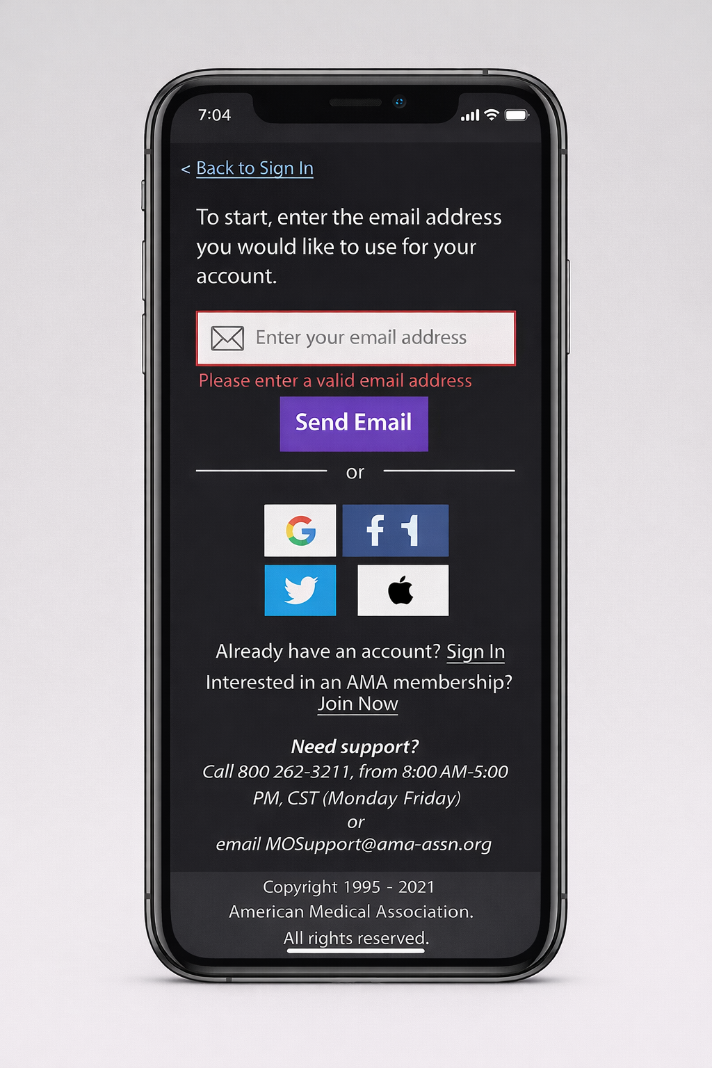 Phone displaying the sign-up screen with an email validation error message and social sign-in options.