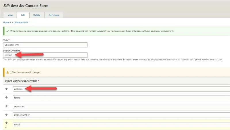 Backend view of the Best Bet configuration panel, showing search logic for contact-related queries. Highlights use of “exact match” and “search contains” fields to trigger relevant top search results.
