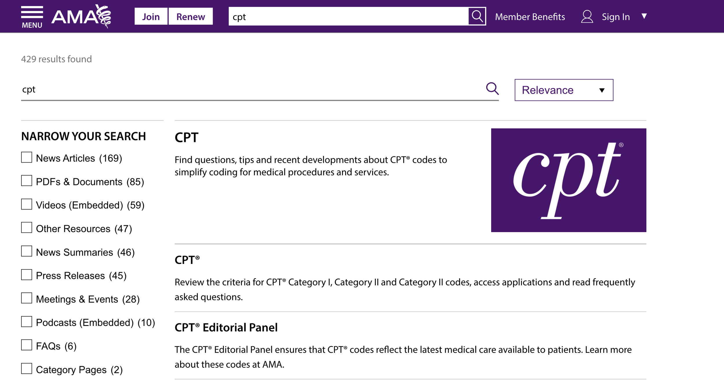 AMA website showing 429 search results for “CPT,” including filter options like news articles, documents, and videos. Demonstrates the structured output of unified search indexing.
