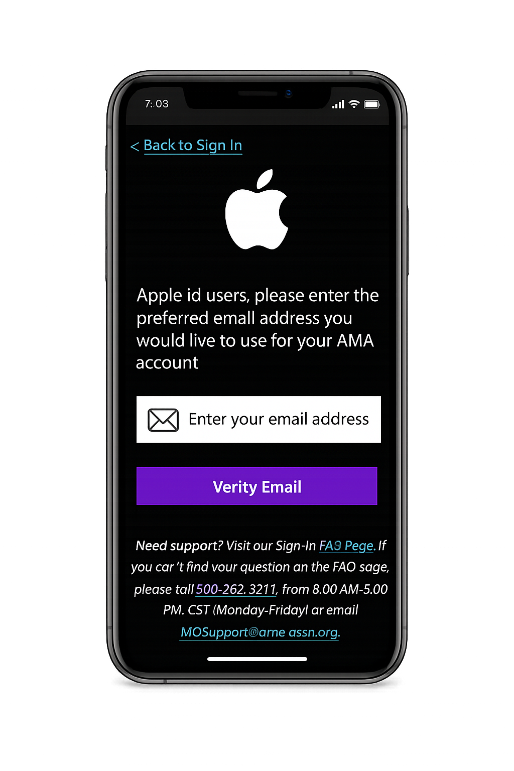 Mobile Apple OAuth sign-in screen showing email verification step for Apple ID users during AMA account creation.