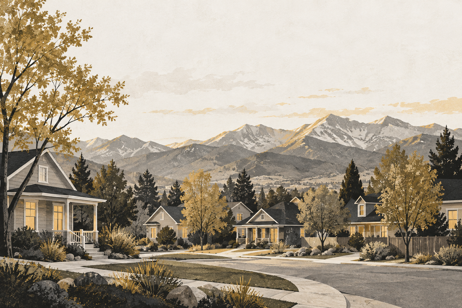 Illustrated Colorado neighborhood in gold and charcoal