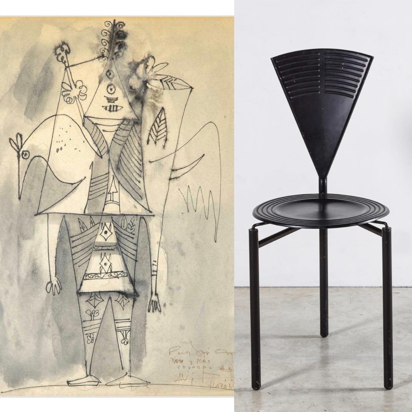 Next week at auction: feeling very invested in someone pairing this 1952 Wifredo Lam ink on paper (at Doyle in NY) with Philippe Starck&rsquo;s 1983 Chaise pliante (at Bonhams in Paris).