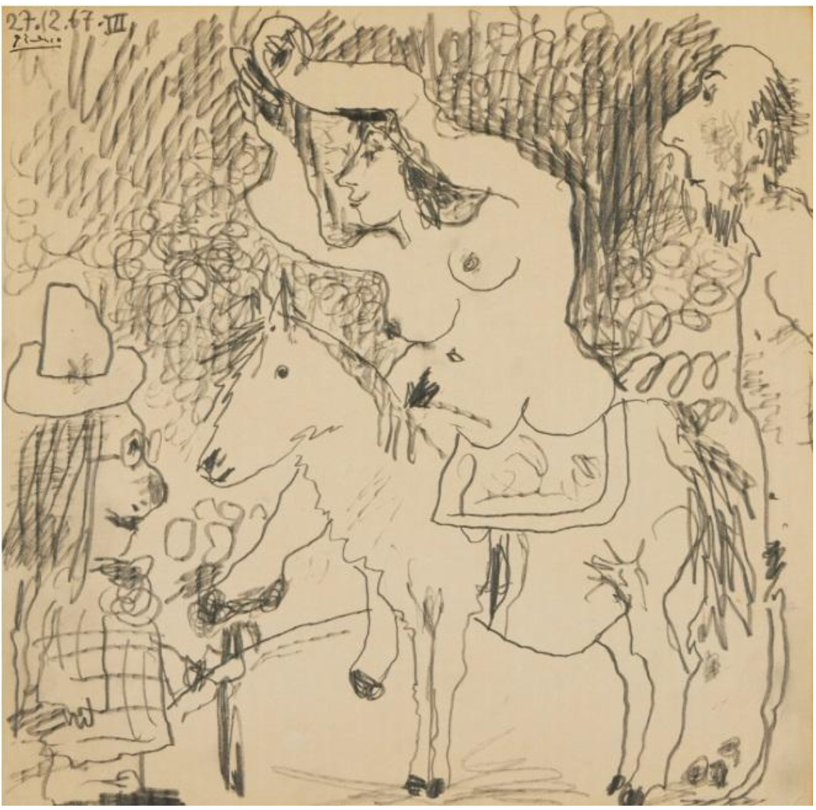 Pablo Picasso, Scène de cirque, 1967, Pencil on paper mounted on card, 12 x 12 inches, 180,000€ (approx. $207,000)